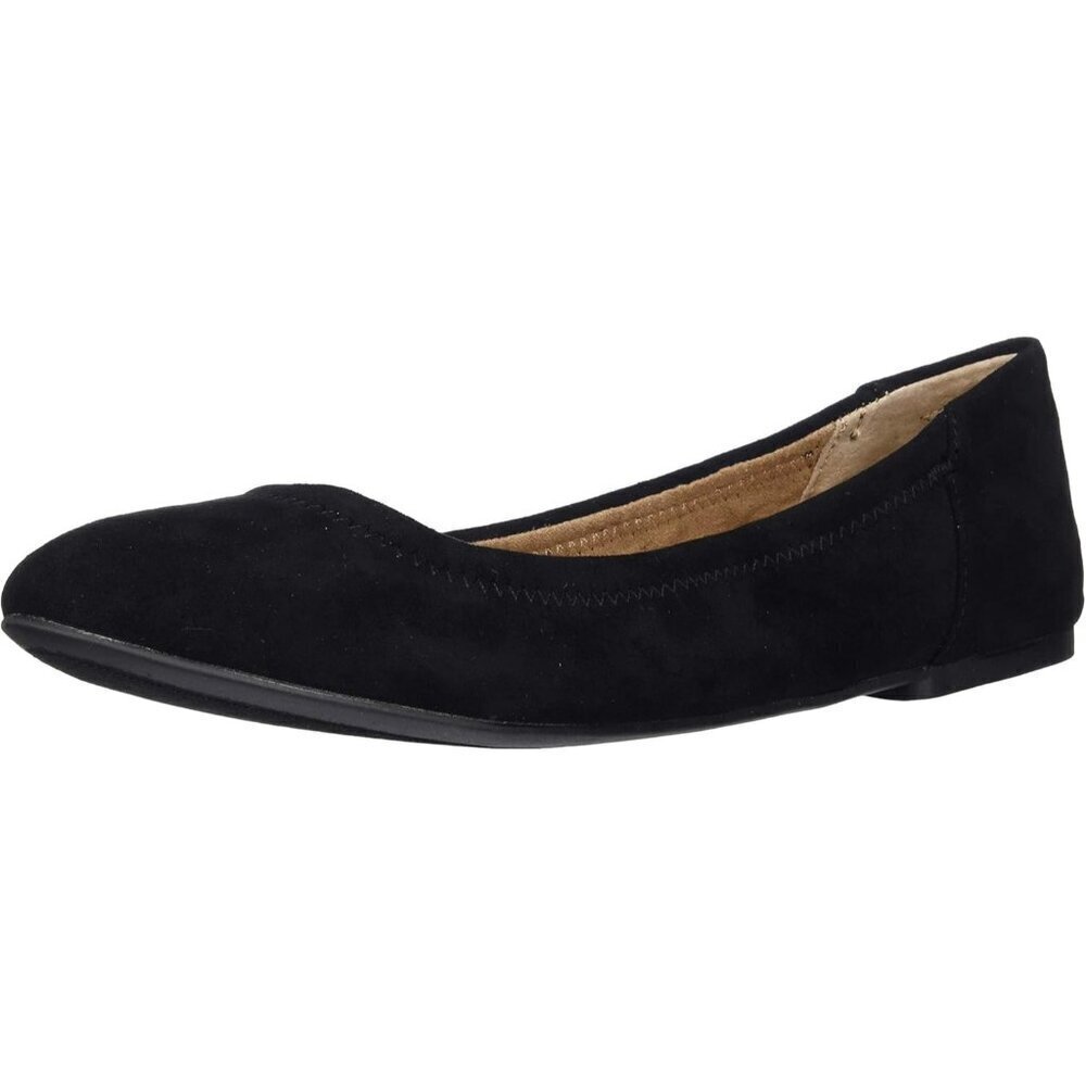 Women Black Microsuede Closed Rounded Toe Slip On Low Wedge Heel Ballet Shoes